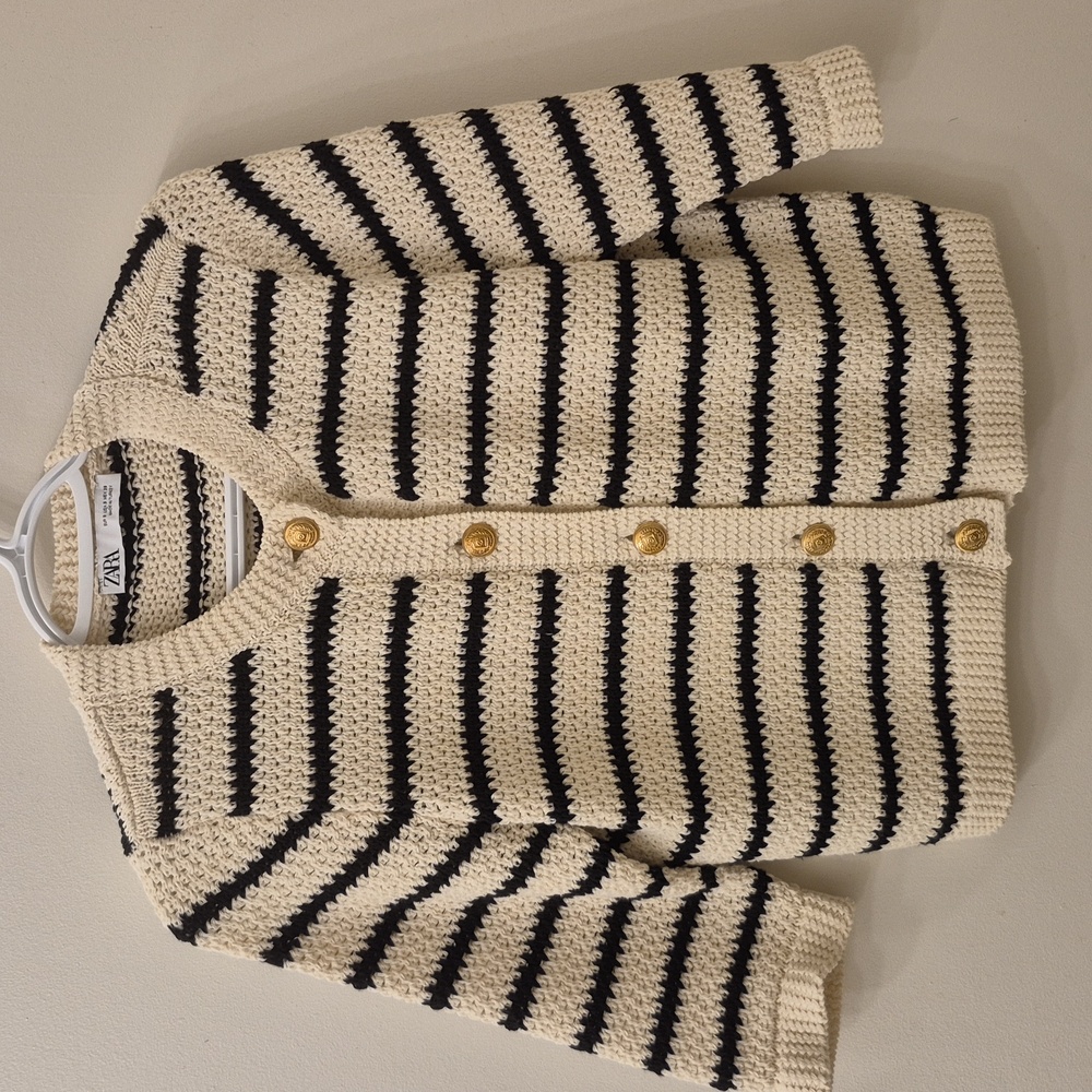 Zara Striped Knit Gold Button Down Cardigan Sweater Size Small